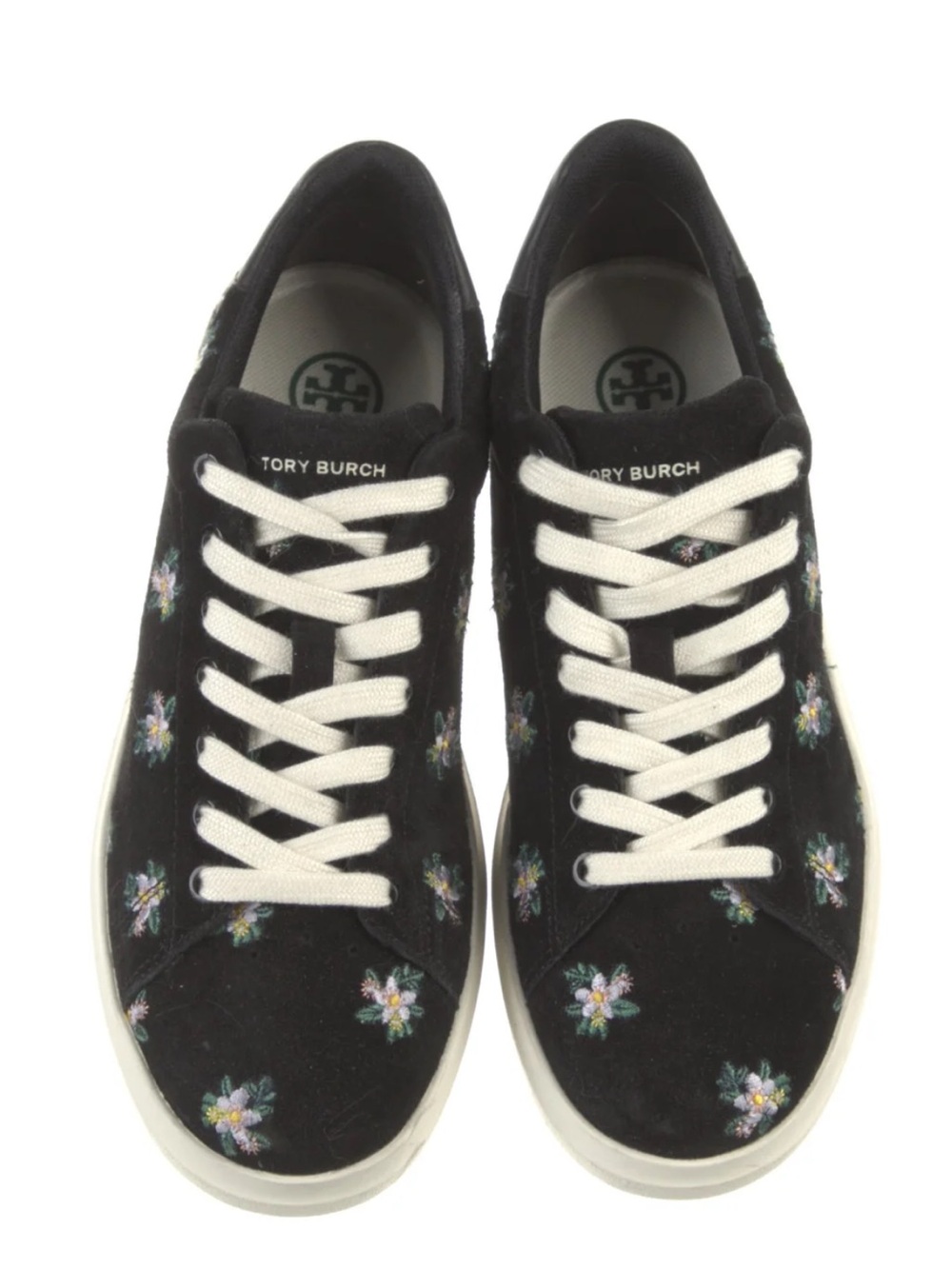 Tory Burch Black Suede Floral Embroidered Sneakers